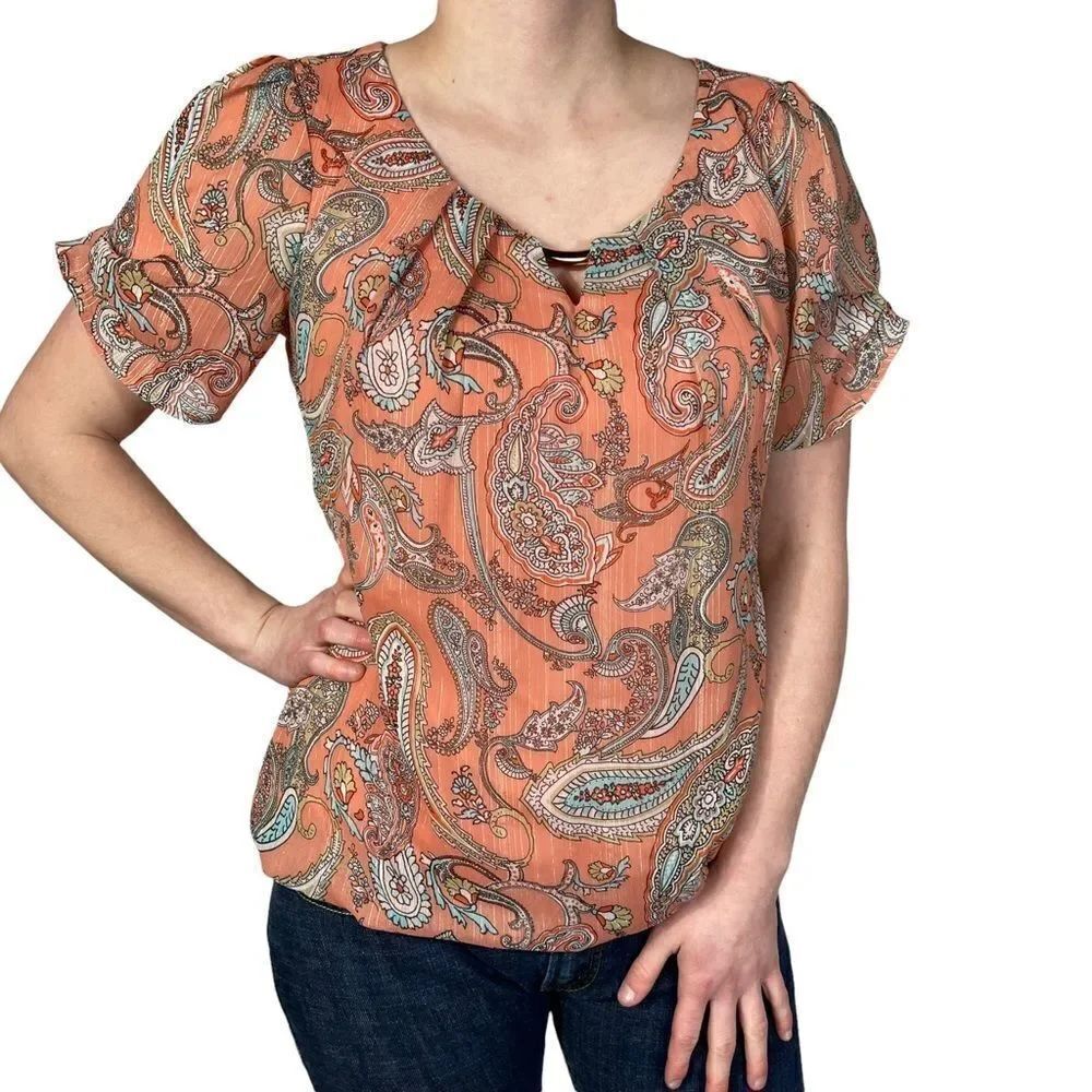 Sara Michelle Coral and Mint Paisley Print Blouse